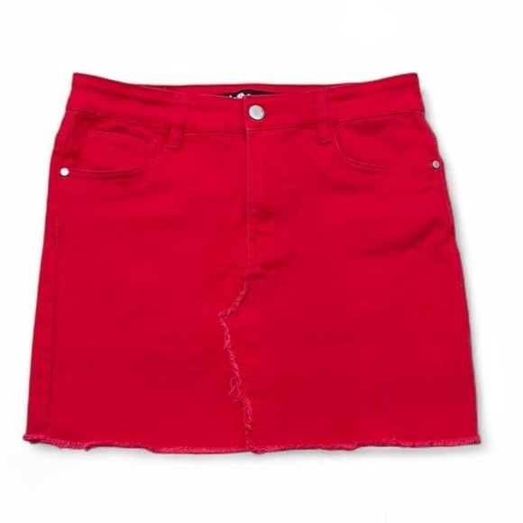Dollhouse Dresses & Skirts - Denim Mini Skirt Cherry Red Vintage-Vibe Dollhouse Frayed hem Size 9 Y2K grunge